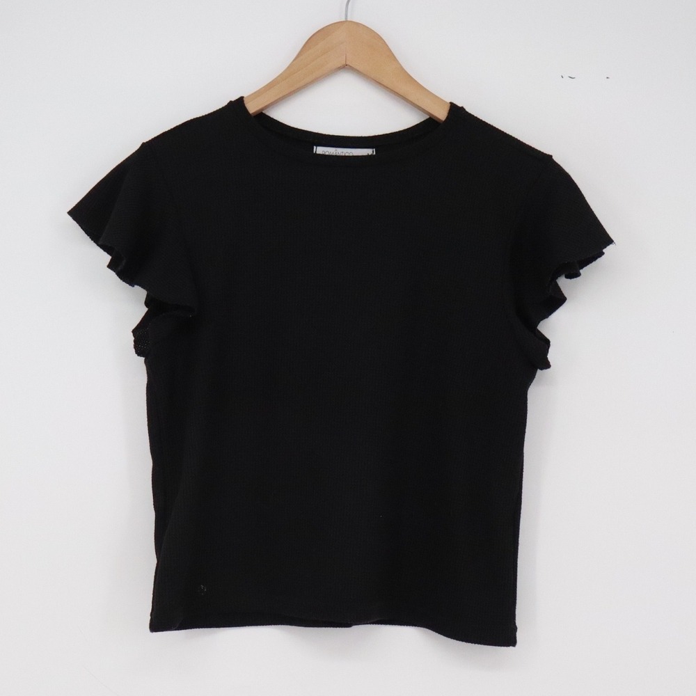 Romântico Top Womens M Flutter Sleeve Black Waffle Knit Ruffle Good